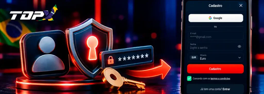 Login da TopX no celular com senha, perfil e símbolo de acesso protegido.