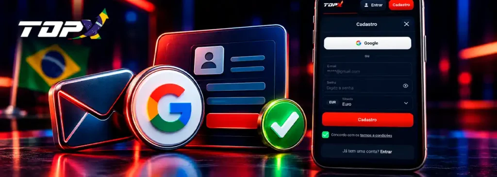 Cadastro da TopX com Google ou e-mail no celular e sinal de acesso confirmado.