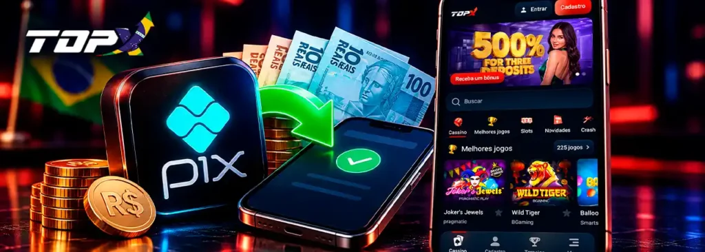 Depósito via Pix na TopX com seta de entrada e reais para recarga da conta.