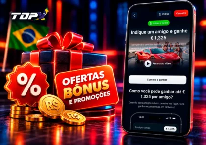 Ofertas da TopX no celular com presente, porcentagem e destaque para bônus.