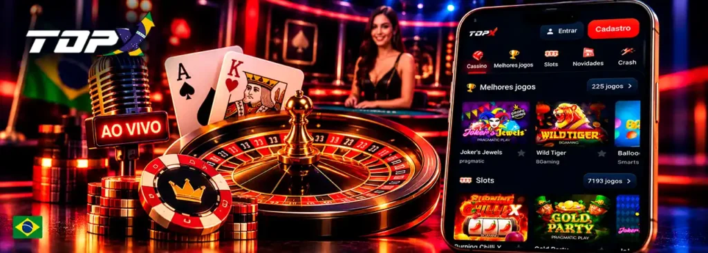 Cassino ao vivo da TopX com roleta, cartas e elemento visual de game shows.
